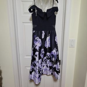 XSCAPE Off-The-Shoulder Floral Skirt Dark Blue and Purple High Low Dress sz 10